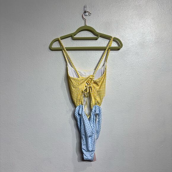 Aqua Swim Yellow Checkered Color Blocked Cut Out One Piece Swimsuit Sz S NWT - Picture 9 of 12